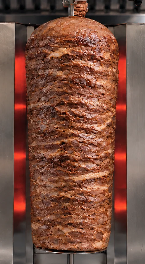 Rulou LEVANT de vită pe rotisor, cu straturi fine de carne.